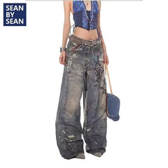 3D Chain Old Jeans American Tie-Dye Splash-Ink Hip Hop Pants High Street Y2K Punk Graffiti Hip Hop Couple Straight Pants