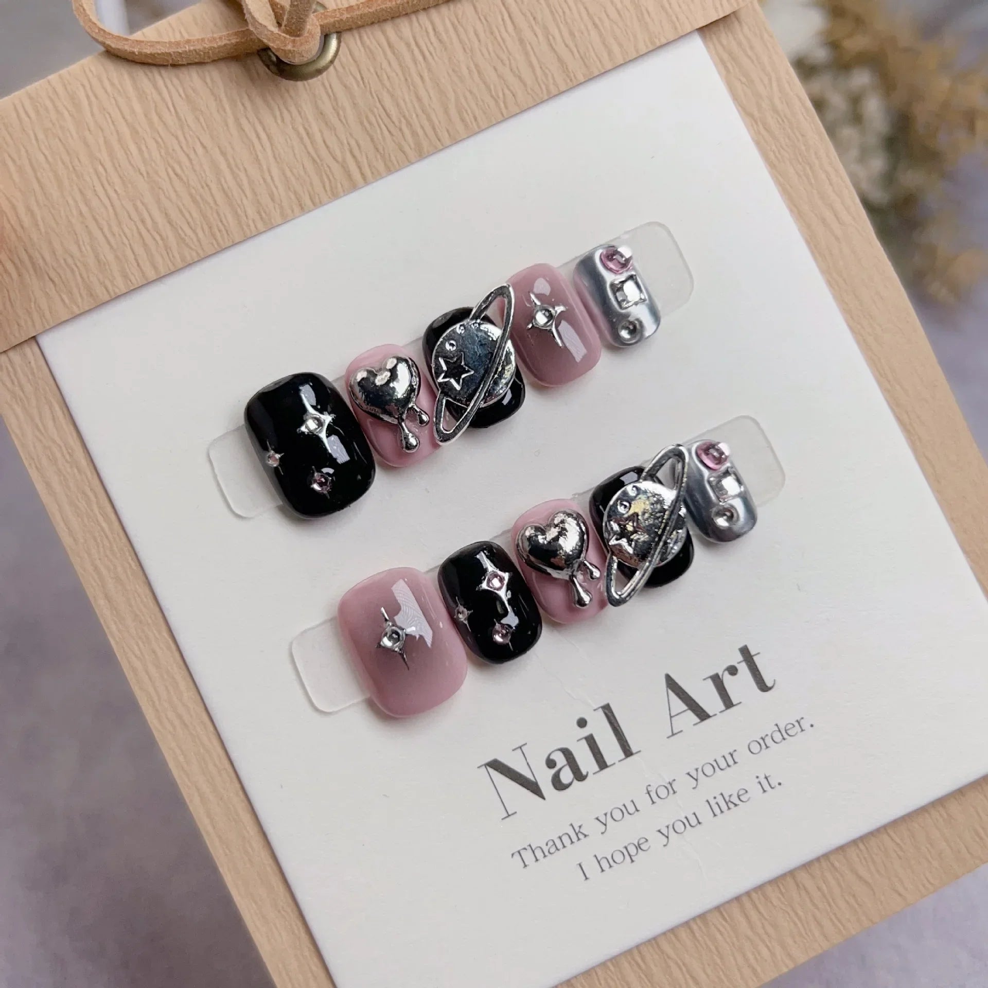 10Pcs Cute Handmade Press on Nails Short Korean Fake Nails with 3D Star Moon Nail Art Rhinestone Heart Artifical False Nails Art