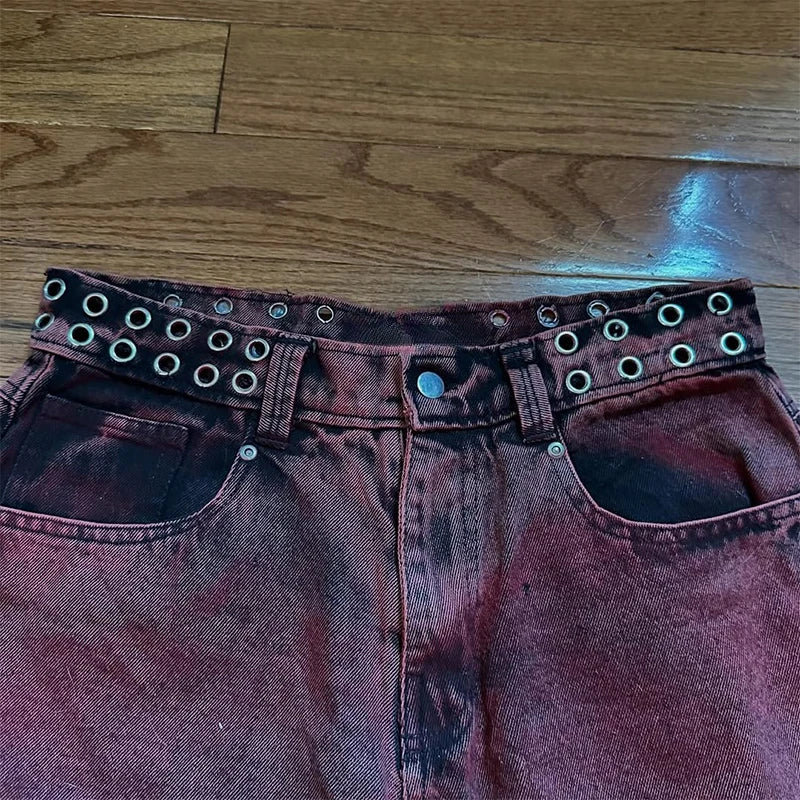 Y2K Casual Loose Jeans Vintage Letter Print Rivet Waist Belt Design Red High Waist Wide Leg Jeans Hip Hop Streetwear