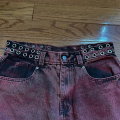 Y2K Casual Loose Jeans Vintage Letter Print Rivet Waist Belt Design Red High Waist Wide Leg Jeans Hip Hop Streetwear