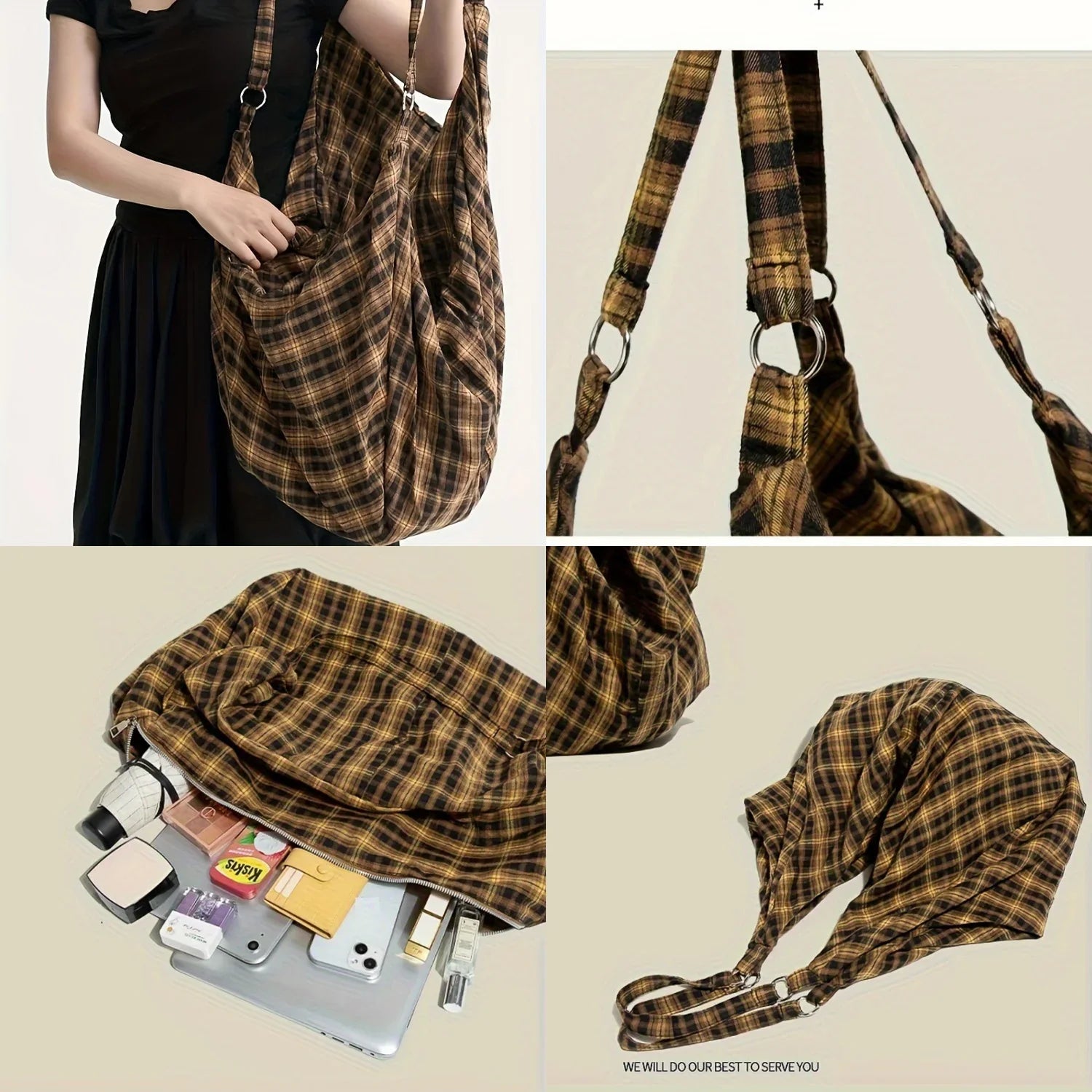 Vintage Plaid Canvas Tote LargeCapacity Korean Travel Shoulder Bag