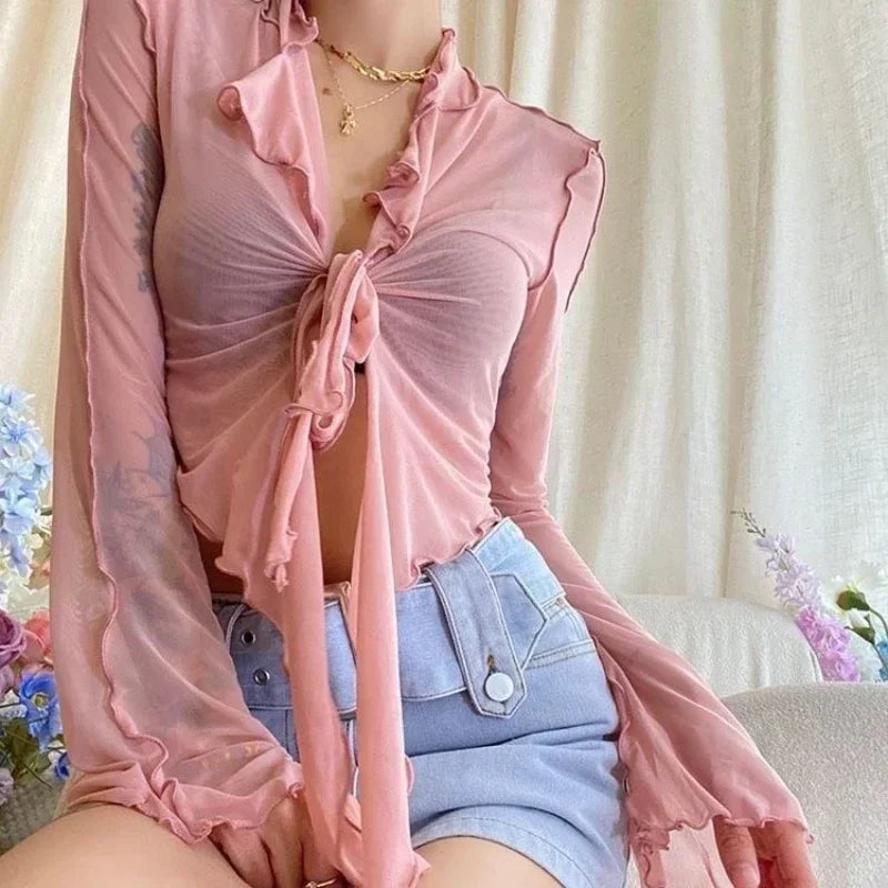 Long Flare Sleeve Sweet Girls Korean Blouses