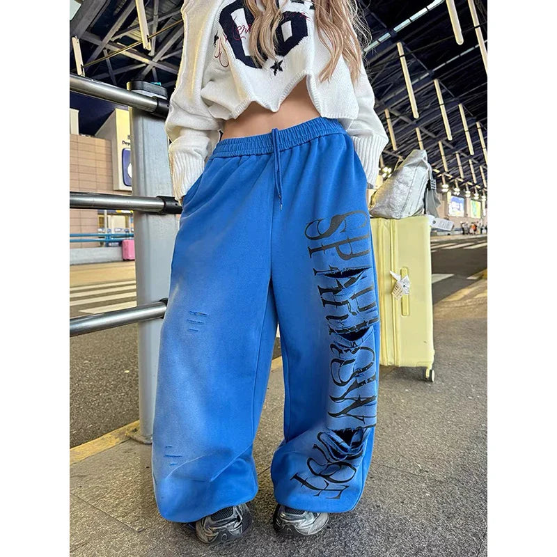 Red Baggy Letter Print Ripped Sweatpants Oversize Dance Pants Harajuku Vintage Y2k Wide Trousers