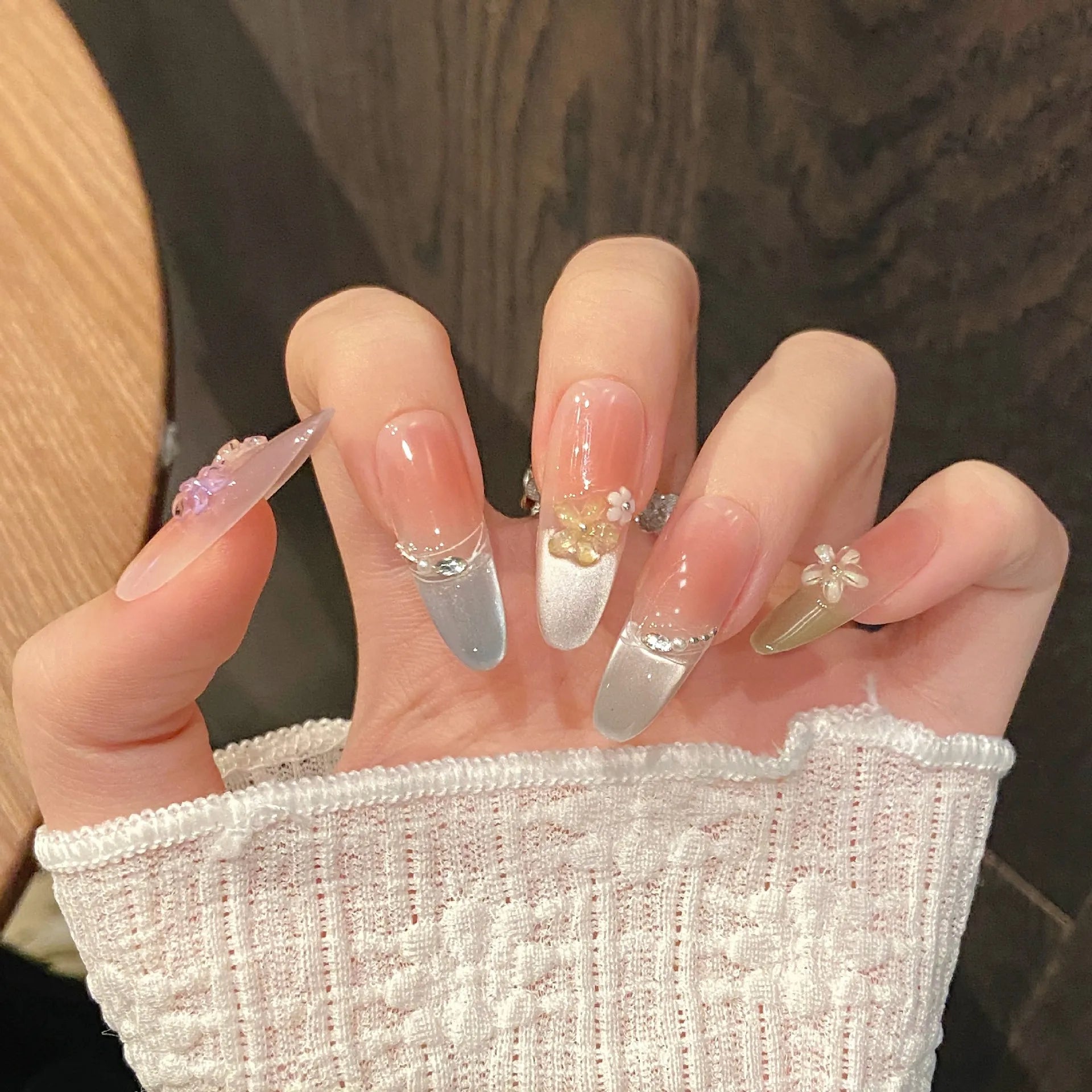 10pcs Simple Handmade Fake Nail Tip Gradient Pink Design False Nail Art Reusable French Cat's Eye Mid-length Oval Press on Nails