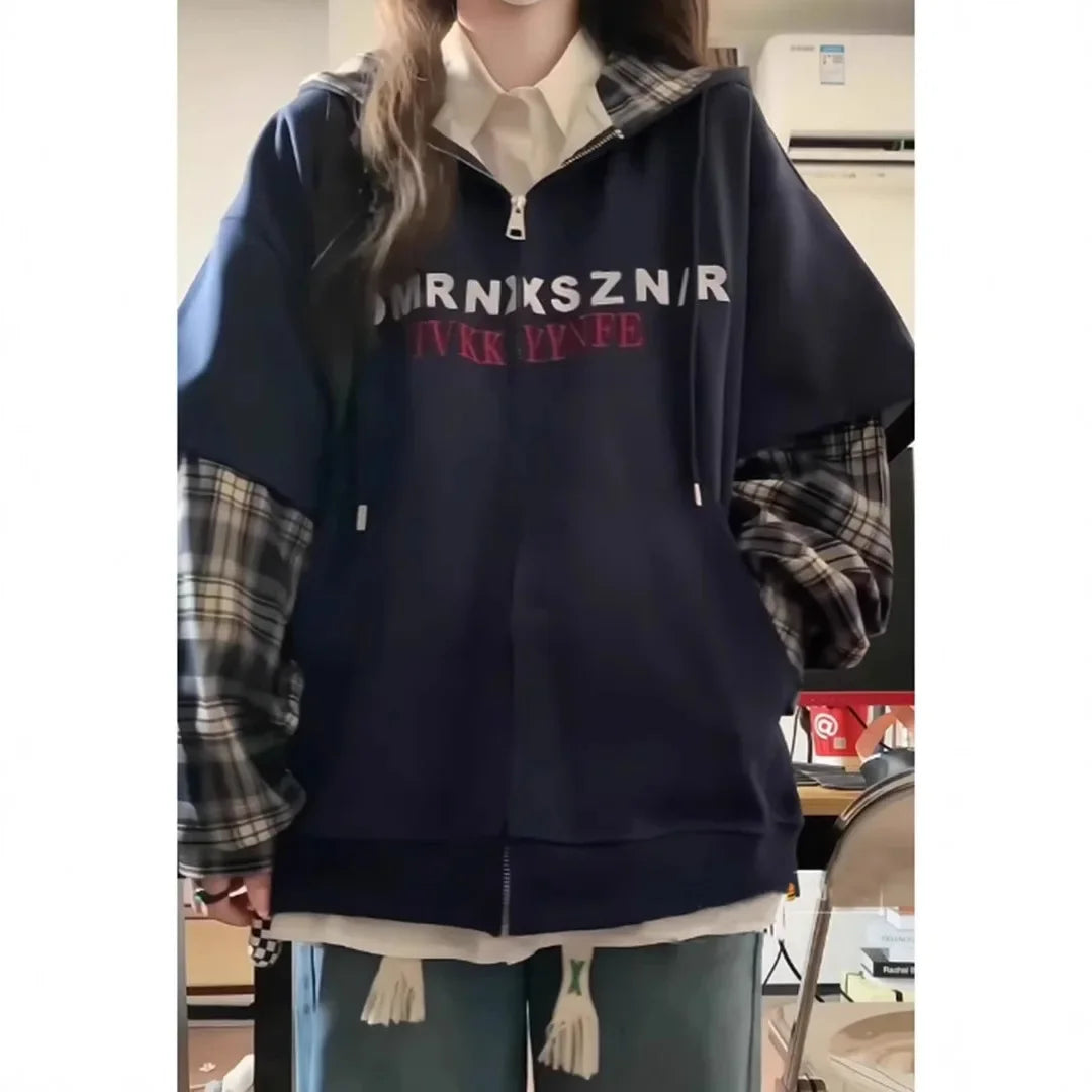 Two-Piece Illusion Plaid Hooded Sweatshirt Thin Style Design Sensibility Niche Loose Fit Idle Style Couple