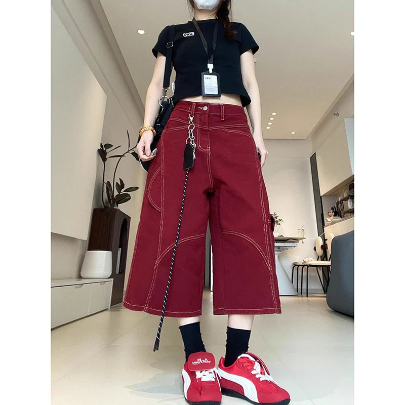 Red Gothic Cargo Jeans Vintage Korean 90s Y2k Denim Trousers Harajuku High Waist Cowboy Shorts 2000s Clothes