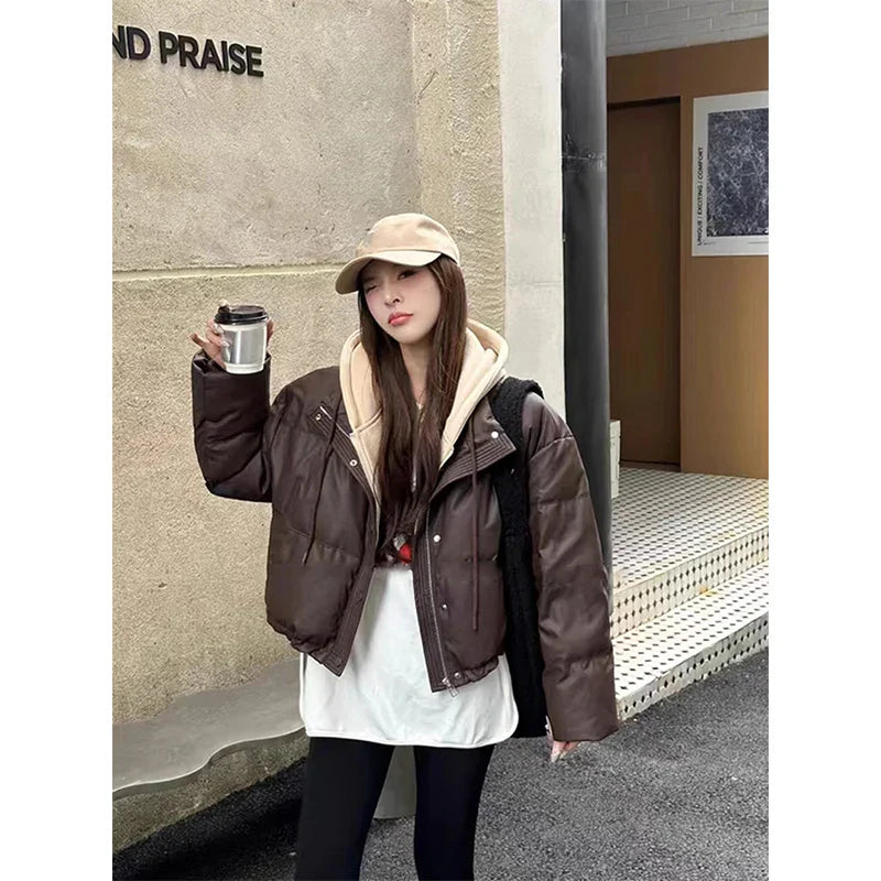 Hooded Short Parkas Black Patchwork Puffer Jacket Streetwear Down Coats Korean Cotton Padded Outerwears New