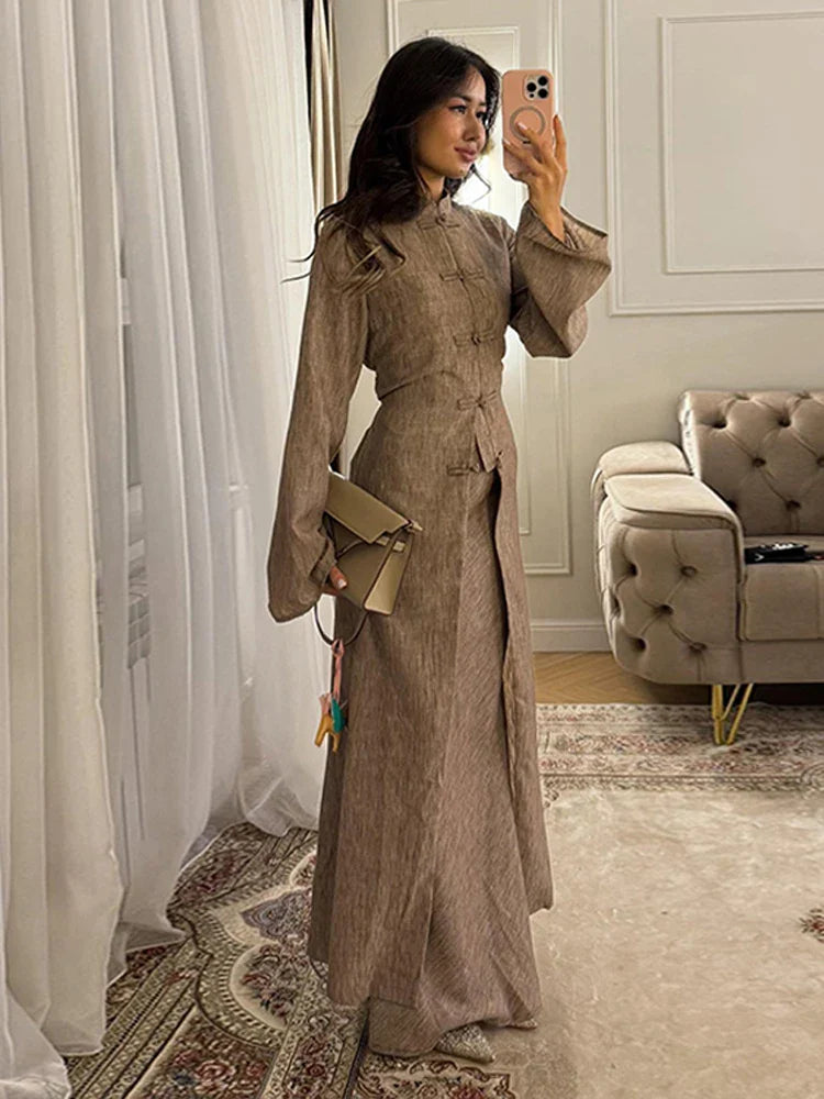 Elegant Top Skirt Sets Chinese Buckle Full Sleeve Long Coat A-line Maxi Skirts Set Lady Suits