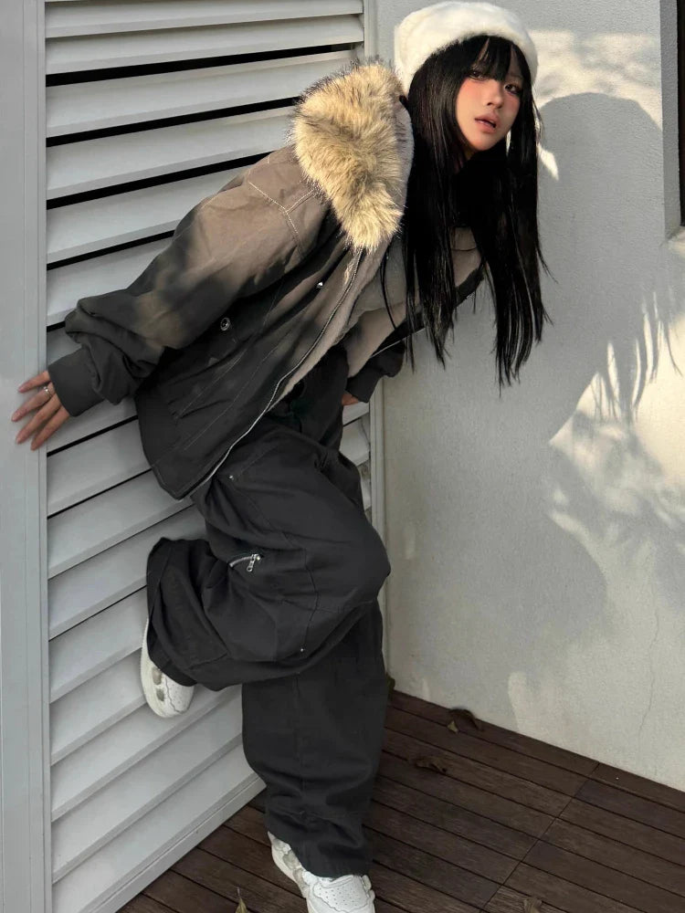 2000s Black Elegant Jacket Y2k Zip Up Hooded Design Harajuku Coat Loose Casual Punk Outfits