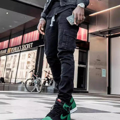 Street Elastic Denim Jeans Wash Solid Color Multi Pockets Cargo Pants Casual Slim Fit Daily Wear Joggers Mid Waist Trousers