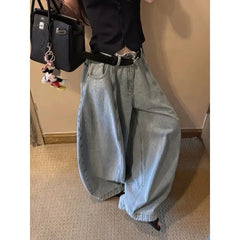 American Style High Waist Wide Leg Denim Jeans Retro Knife Edge Loose Fit Floor Length Pants