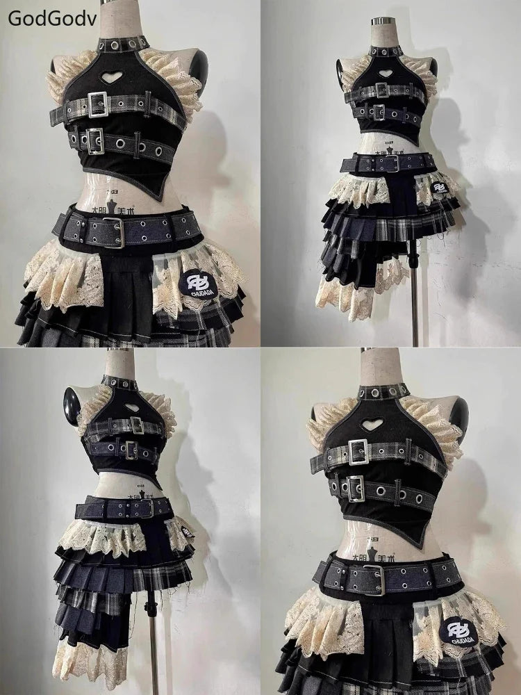 Vintage Elegant Y2K 2 Piece Sets Punk Gothic Strapless Crop Tops +High Waist Ruffle Skirt Party Outfits