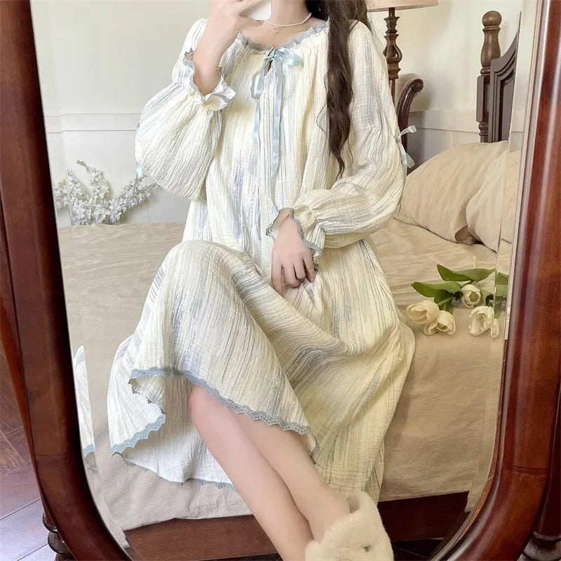 Pajamas Dress Princess Style Sweet Long Sleeve Nightdress Round Neck Wide Striped Bow Cute Girly Midi Dress Night Wear