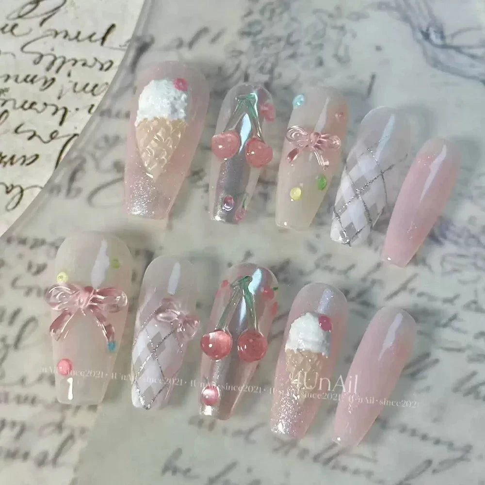10Pcs Gentle Handwork Press On Nails French Style Flowers Butterfly Rhinestone Pearl Design Detachable False Nails Gift