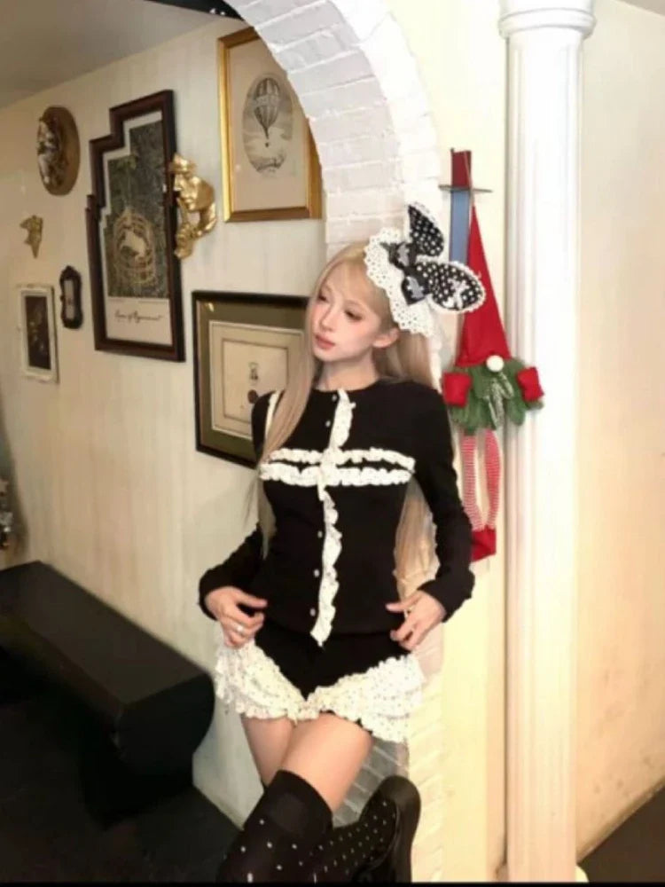 Gothic Vintage Subculture Black Slim 2-piece Set Girl Hepburn Patchwork Thin Y2k Suit