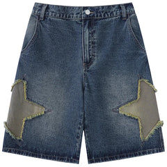 Star Patch Denim Shorts BF Style Loose Versatile Wide Leg Half Pants High Waisted Straight Leg Pants
