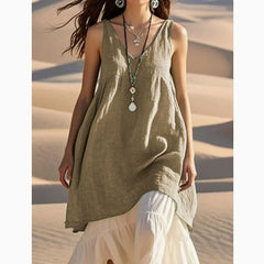 V-Neck Sleeveless Cotton Linen Beach Dress Loose Waist Midi Dress Comfortable Breathable Dress