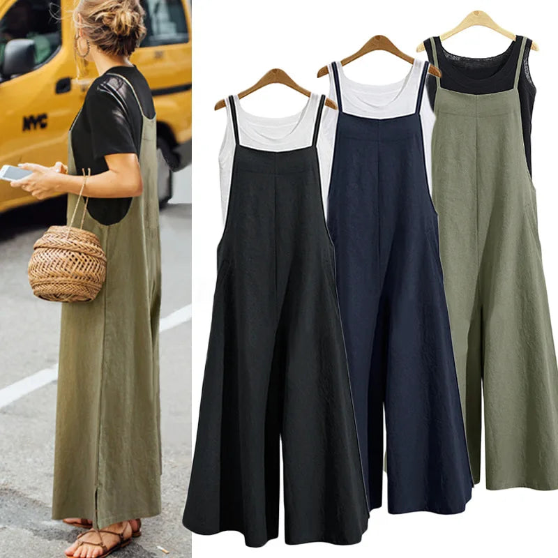 Straps Jumpsuit Solid Color Wide Leg Pants Dungaree Bib Overalls Casual Loose Sleeveless Cotton Linen Jumpsuits 5Xl