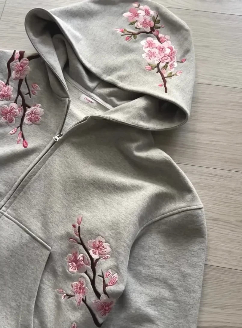 Y2K Vintage Oversized Cherry Blossom Embroidered Hooded Jackets Pink Zipper Coat Harajuku Hip Hop Graphic Streetwear