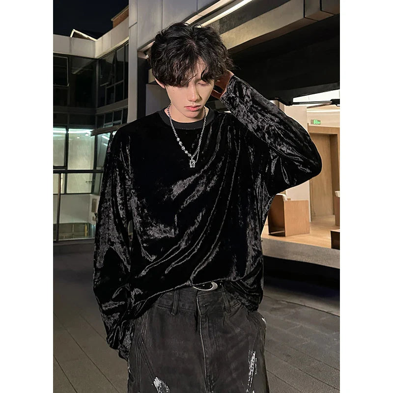 vintage velvet long sleeve t shirt Crew neck hip hop casual tees tops man harajuku velour streetwear camisetas