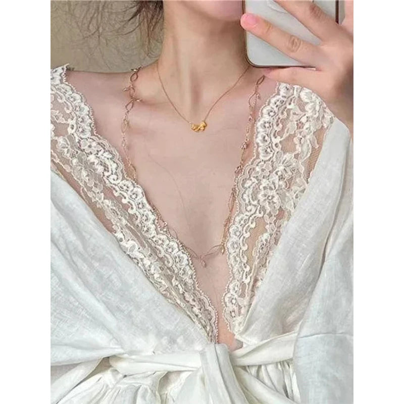 Elegant Lace Shirts Vintage V Neck Bandage Blouses Fairy Korean Patchwork Long Sleeve Casual Design Tops New