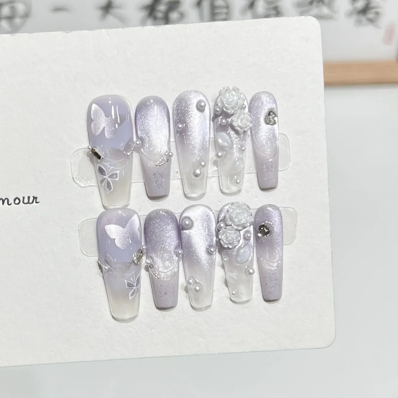10pcs Aurora Cat Eye Handmade Press on Nails Pink Cherry Blossom False Nails Crystal Flower Pearl Fake Nails French Coffin Nail