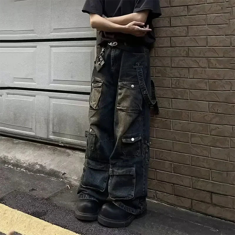 Y2K High Street Jeanss Multi-Pocket Hiphop Cargo Pants Vintage Straight Wide-Leg Denim Trousers Streetwear