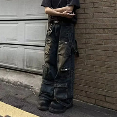 Y2K High Street Jeanss Multi-Pocket Hiphop Cargo Pants Vintage Straight Wide-Leg Denim Trousers Streetwear