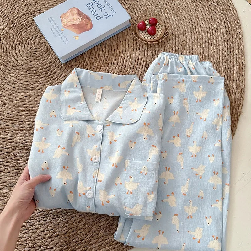 Sweet Cute Goose Print Korean Pajamas Nightwear Kawaii Casual Lapel Neck Y2K Pajamas Set Loungewear