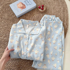Sweet Cute Goose Print Korean Pajamas Nightwear Kawaii Casual Lapel Neck Y2K Pajamas Set Loungewear