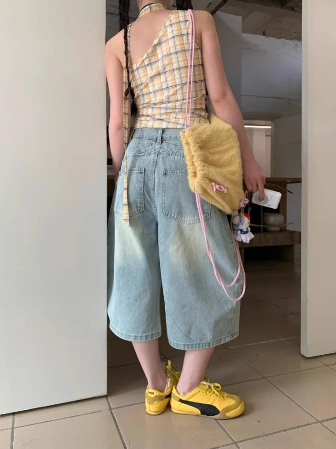 Vintage Style Harajuku Blue Jeans Y2K Punk Street Baggy Denim Trouser Casual Mop Calf Length Pants