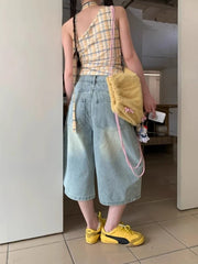 Vintage Style Harajuku Blue Jeans Y2K Punk Street Baggy Denim Trouser Casual Mop Calf Length Pants