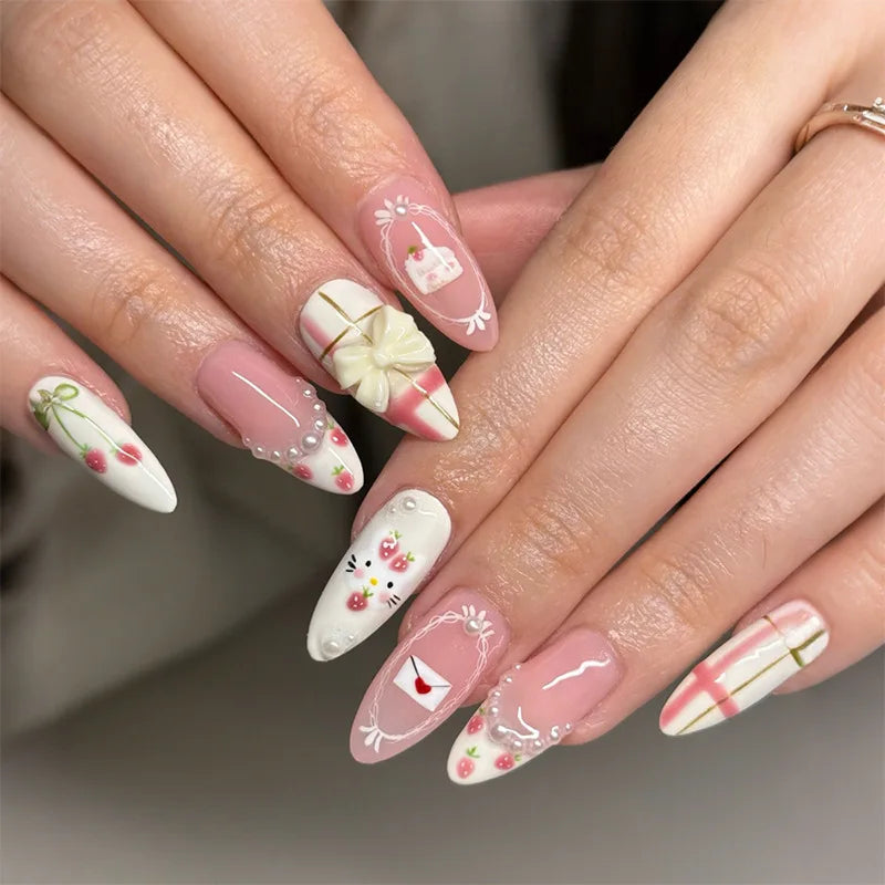 24PCS Wine Red Almond Press on Nails Cartoon Rabbit Bowknot with Plaid Pearl Designs French Fake Nails