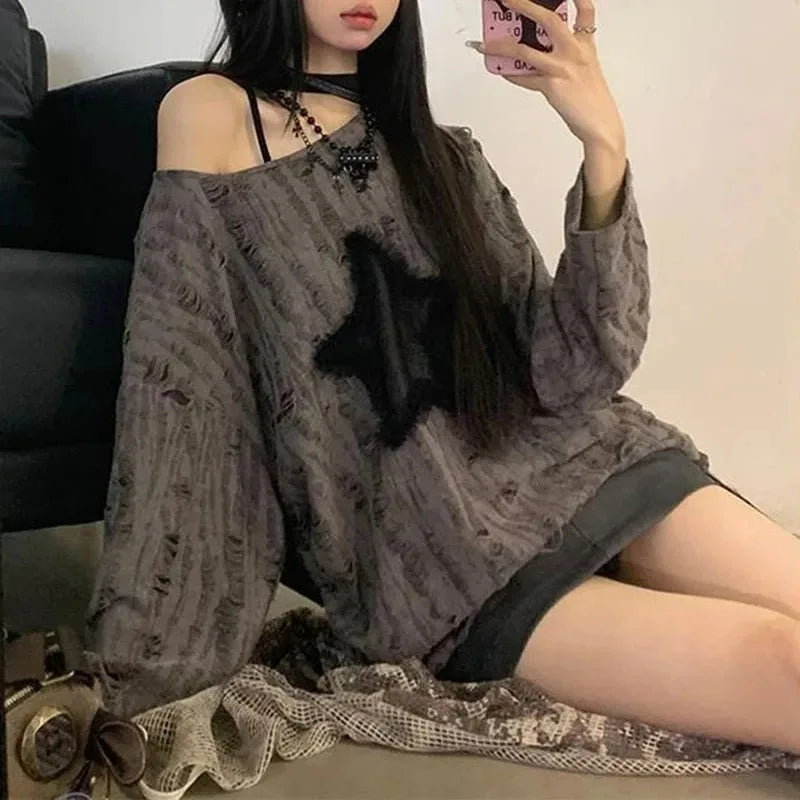 Y2K Hole Star Print T-Shirt Streetwear Off Shoulder Tops Oversized Kpop Long Sleeve Loose Tees Ladies New