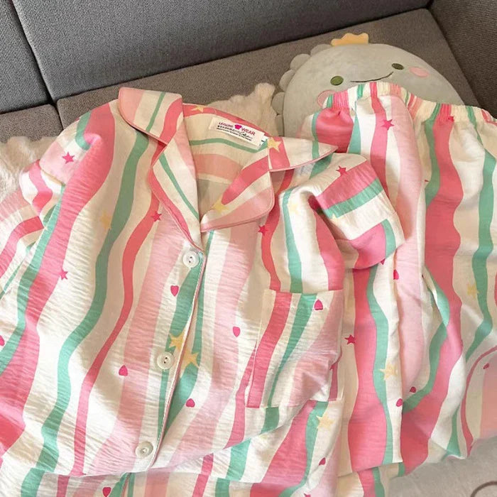 2 PCS Pajama Sleepwear Pajama Set Long Sleeved Pants Suit Peach Print Ventilate Soft Comfortable Home Leisure Home Clothes