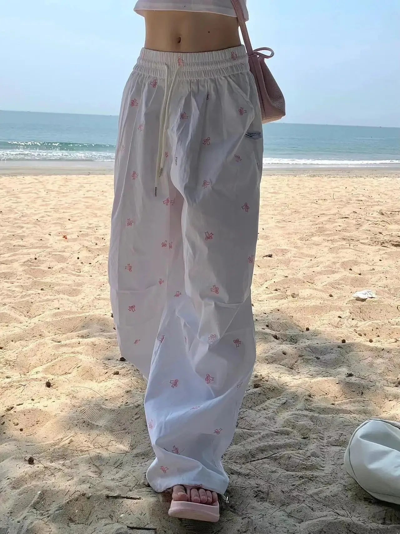 American Retro Butterfly Knot Full Print Paratrooper Pants Wide Leg Drawstring Casual Long Trousers