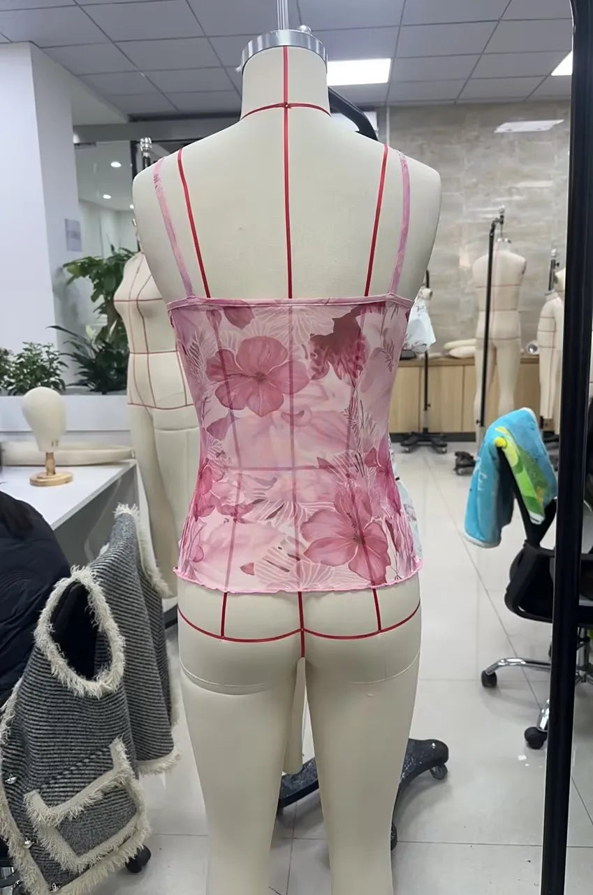 Vintage y2k Crop Tops Floral Print Boho Sleeveless Spaghetti Strap Mesh See Through Coquette Tanks Camis