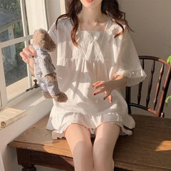 Palace Style Pajamas Ladies Loungewear Set Short-Sleeved with Cushion Korean Small Sweet Girlfriends Loungewear Set