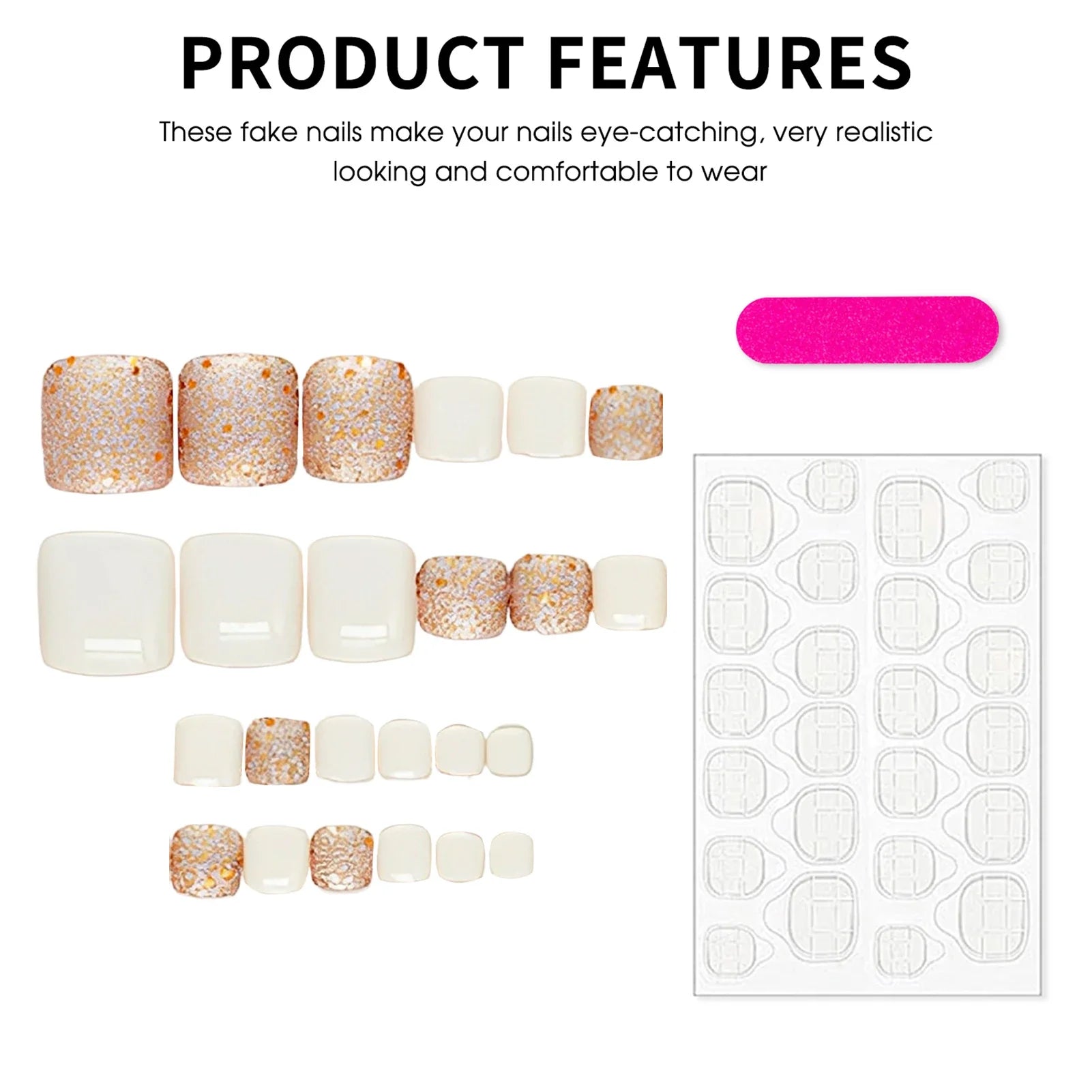 24Pcs Fake Toenails White Short Square Press On Toe Nails Glossy Sequins Designs Girls Acrylic False Nails Art