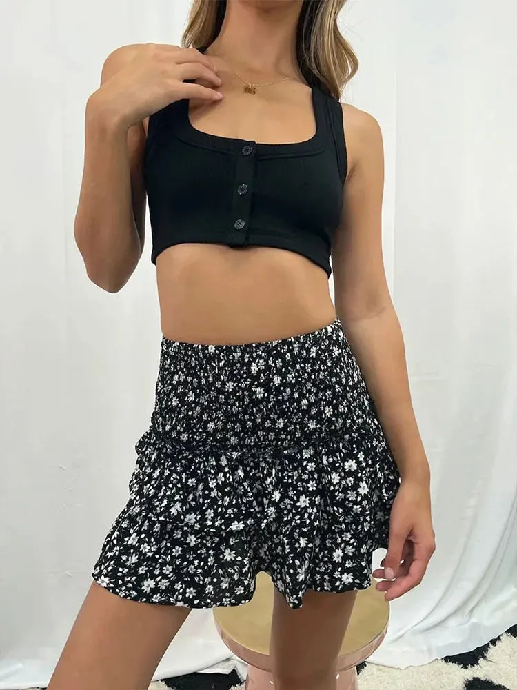 Blue Half Length Floral Pleated Mini Skirt Ruffled Edge Printedable Floral High Waist Short Skirts