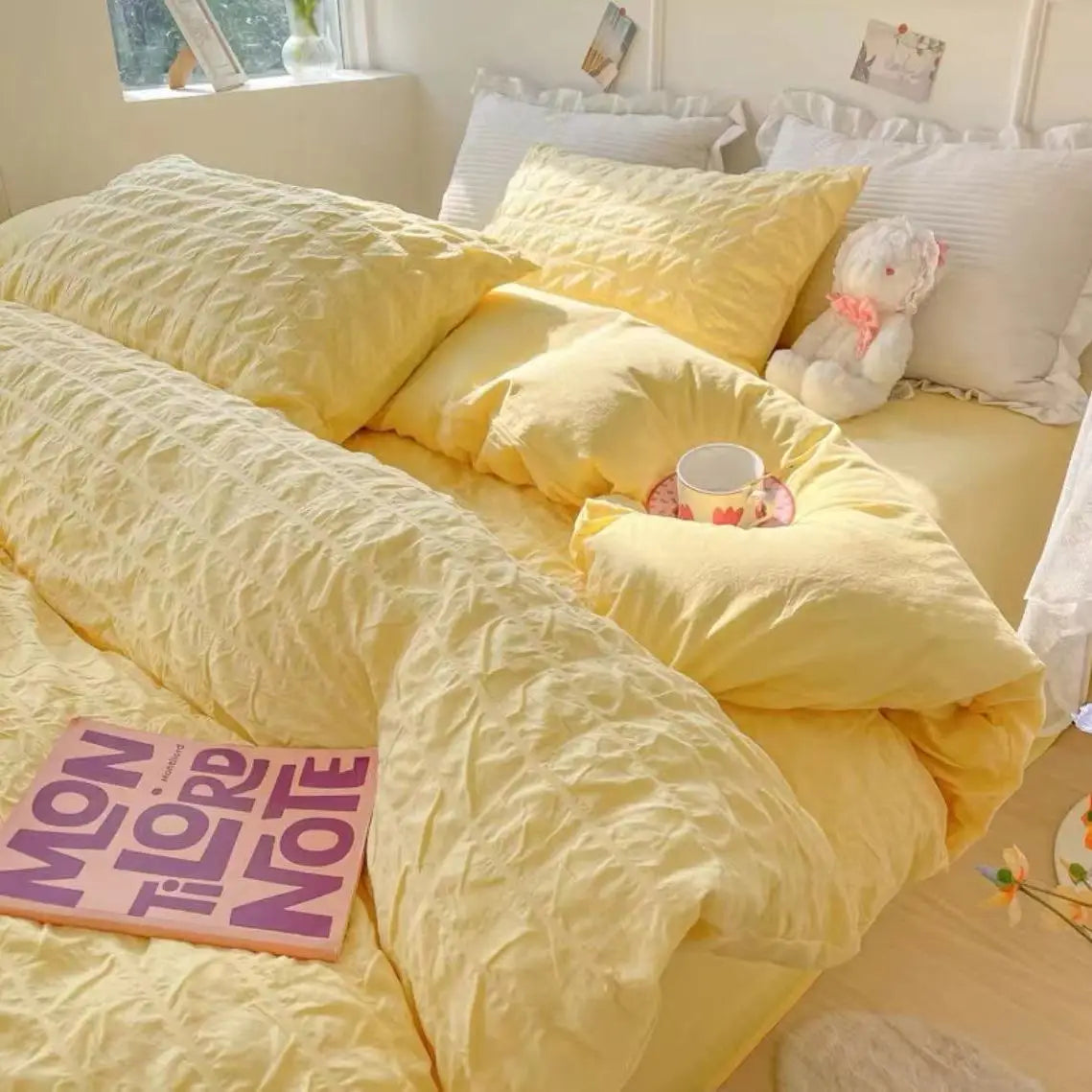 Princess Bedding Set French Style Wash Cotton Solid Color Seersucker SoftBed Sheet Set Comforter Set