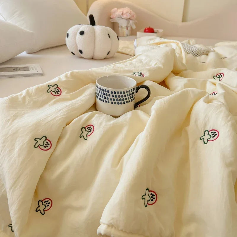 Japanese Minimalism Skin-friendly Blanket Breathable Single Double Duvet Washed Embroidered Comforter Thin Quilt