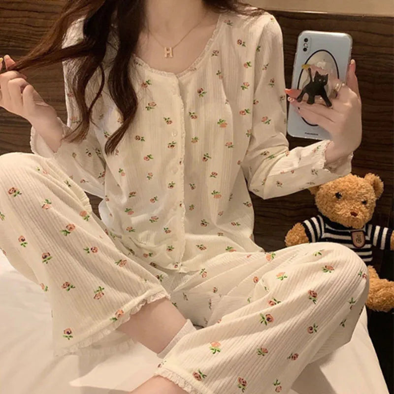 Floral Long Sleeve Fitting Sleepwear Two-piece Set Lace Trim Cotton Pajama Cute Casual Outable Home Suit Set