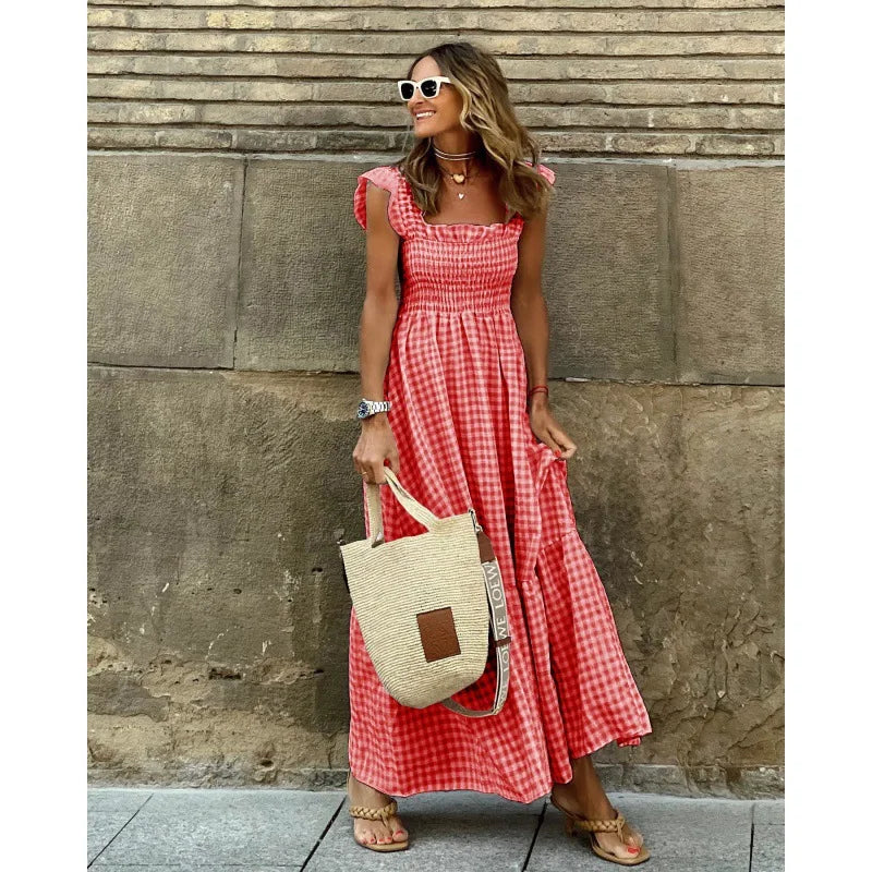 Elegant Plaid Slip Maxi Long Dress Strapless Ruffle Backless Pleated Elastic Waist Boho Party Swing Loose Dresses