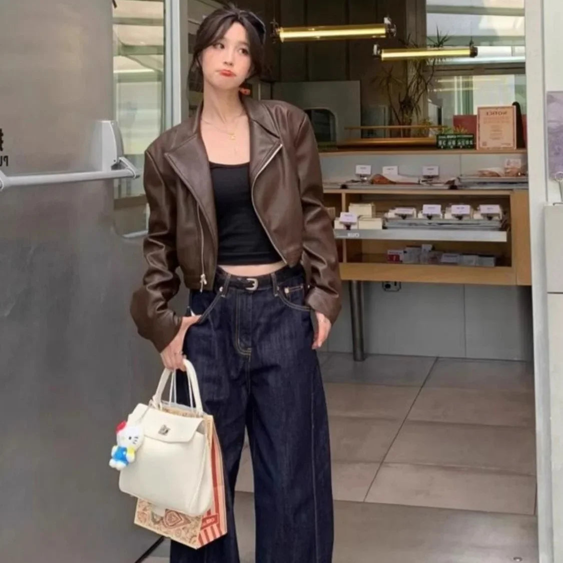 Café Brown PU Leather Jacket Short Loose Retro Long Sleeve Motorcycle Jacket Top