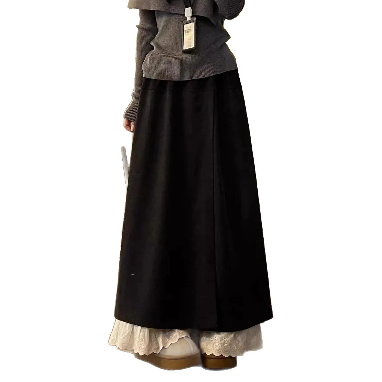 Casual Lace Trim Wide Leg Pants Fake Two-Piece Design Elastic Waist Patchwork Trendy High Waist Nine-Piece Length Polyester F...