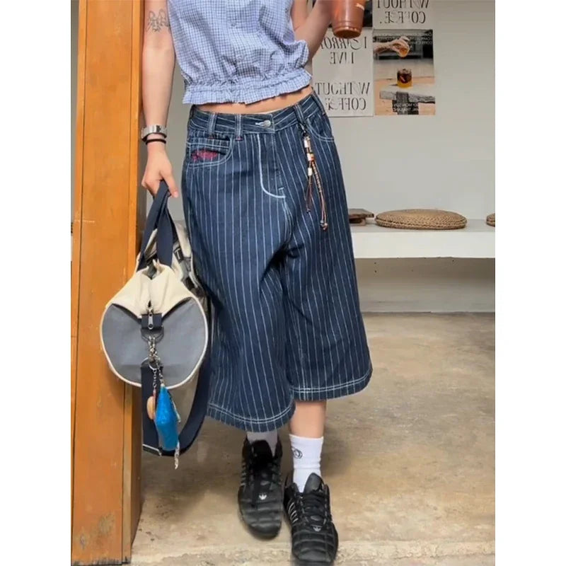 Harajuku Y2k Light Blue Calf Length Cargo Jeans Baggy Denim Trousers Japanese 2000s Oversize Jean Pants Vintage Clothes