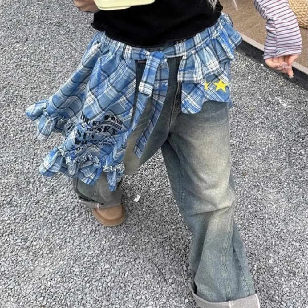 Adjustable Star Layer Outfits Plaid Skirt Hip-hop Sweet Lace Up Hip Scarf Korean Style Y2K Ruffled Edge Waistband Jeans Decor