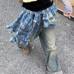 Adjustable Star Layer Outfits Plaid Skirt Hip-hop Sweet Lace Up Hip Scarf Korean Style Y2K Ruffled Edge Waistband Jeans Decor