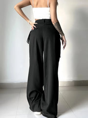 Black High Waist Wide Leg Suit Pants Pleated Front Side Tie Detail Loose Fit Casual Streetwear Trousers